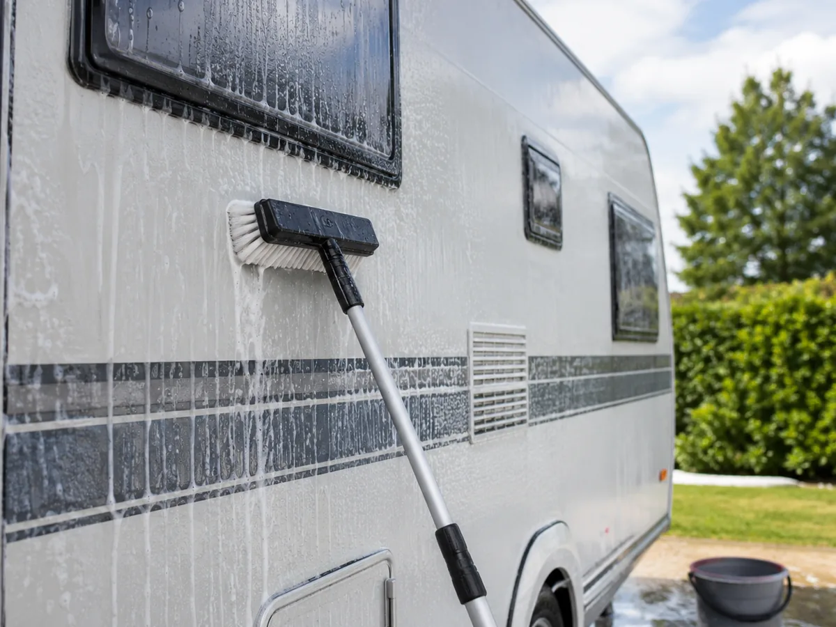 Caravan carrosserie wassen met een telescoopborstel en emmer sopwater