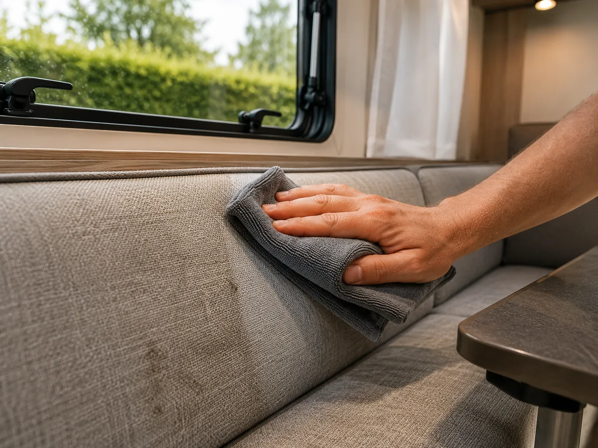 Vlek op caravanbekleding verwijderen met een microvezeldoek