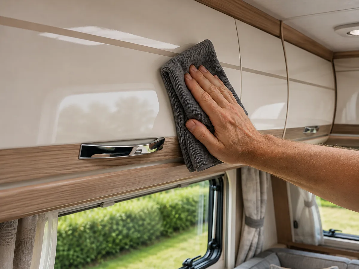 Interieurpaneel van een caravan afnemen met een microvezeldoek