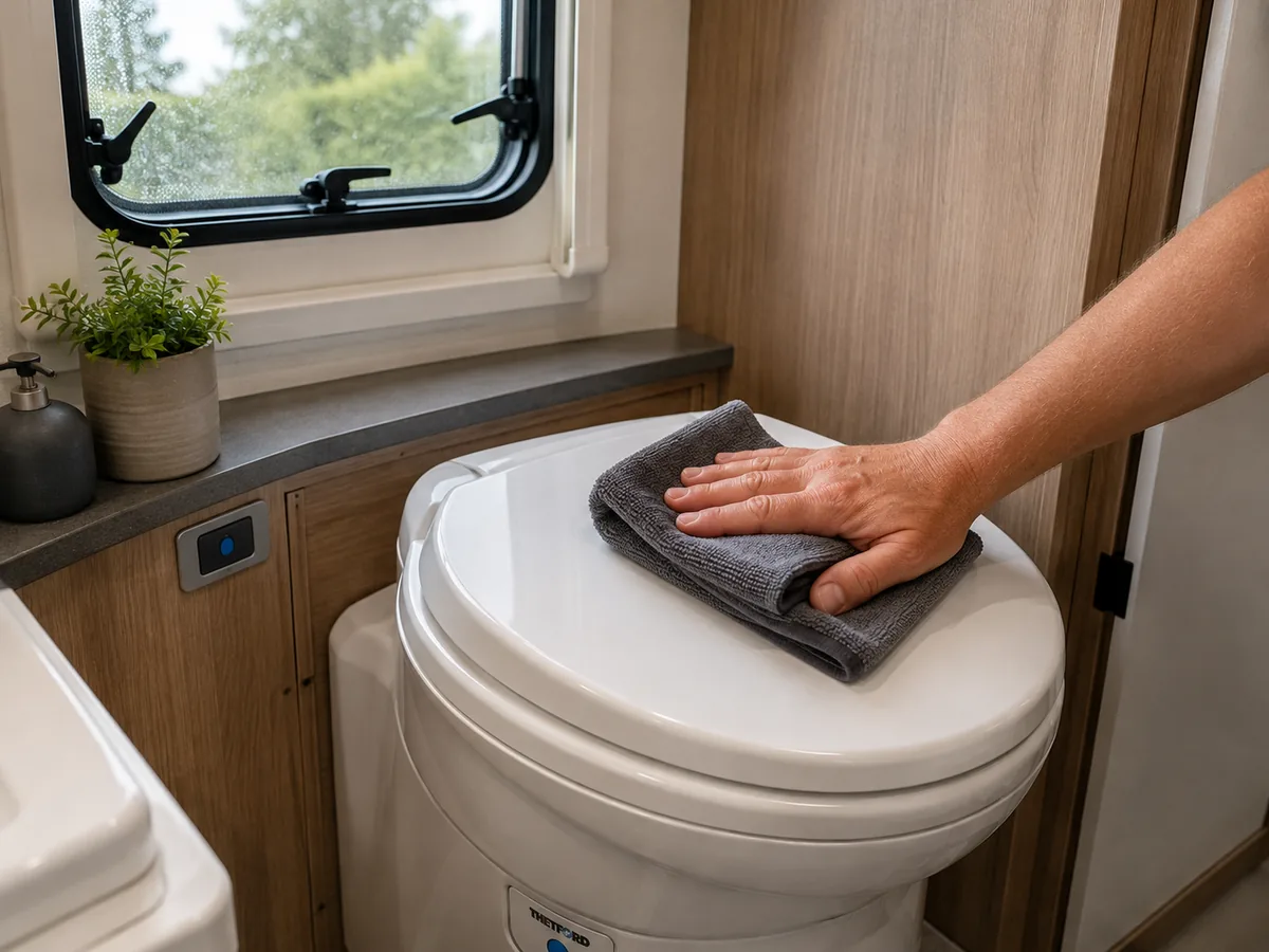 Cassettetoilet in de caravan schoonmaken met een microvezeldoek