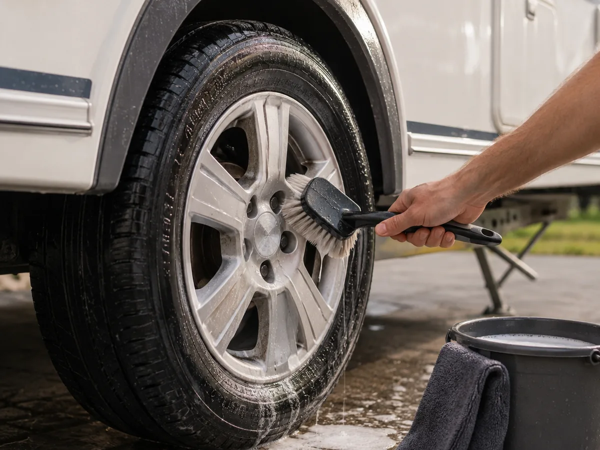 Caravanvelg schoonmaken met een velgenborstel