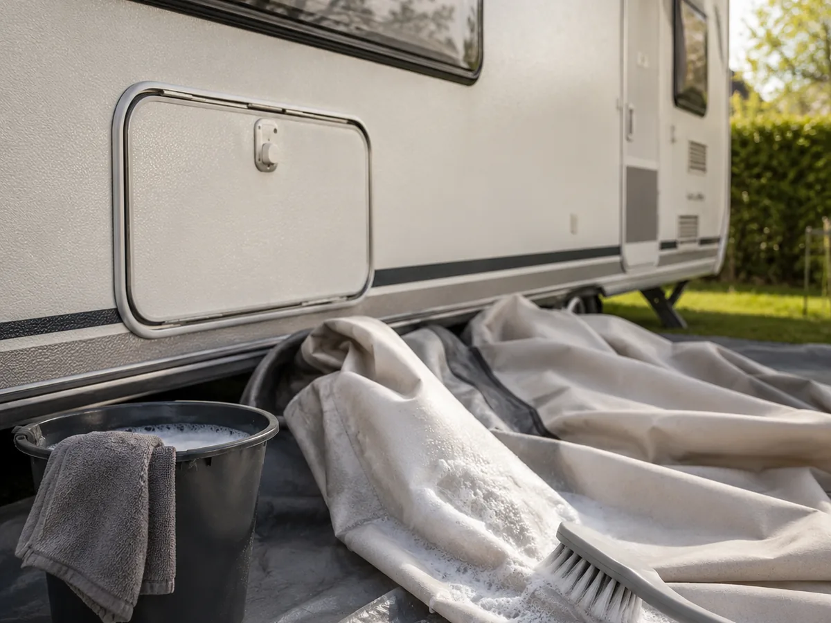 Luifeldoek van een caravan reinigen met borstel en sopwater