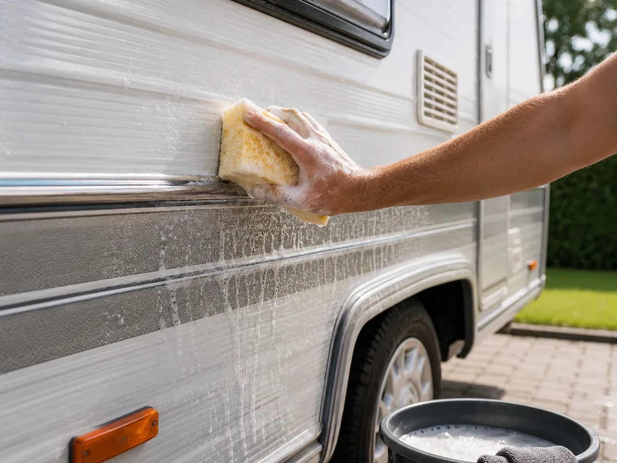 Caravanpaneel met sierdelen schoonmaken met een spons