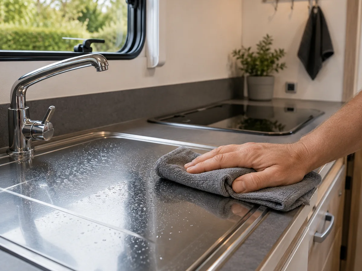 Rvs aanrechtblad en spoelbak in een caravankeuken schoonvegen